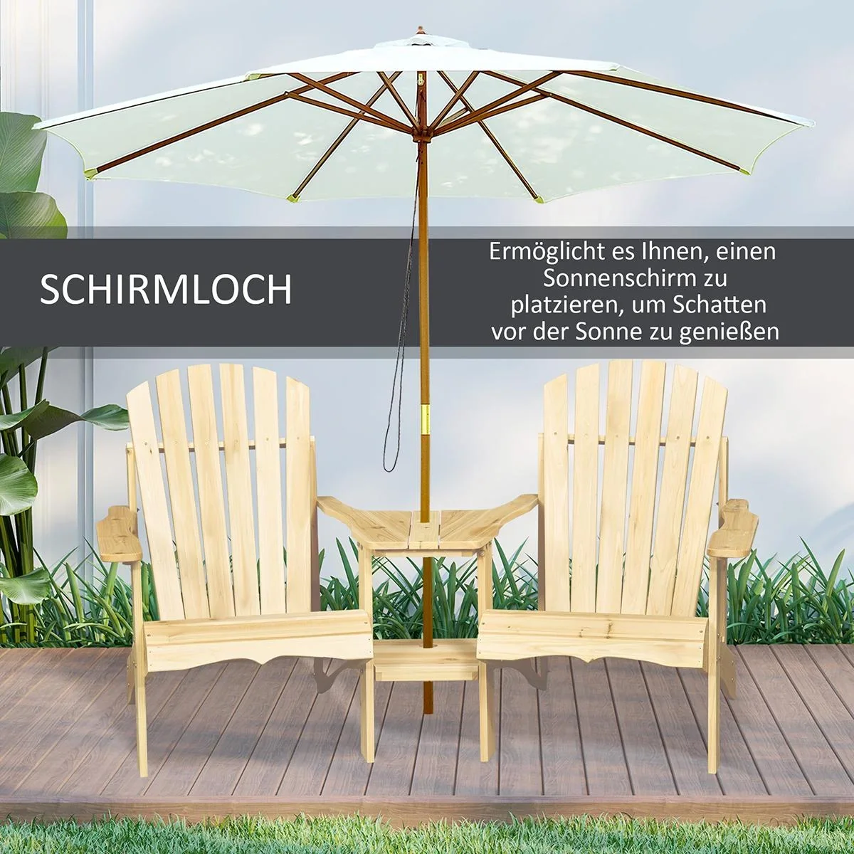 Adirondack Gartenstuhl mit Tisch und Schirmloch 2 Sitzer Gartensessel Sitzgruppe Gartenmöbel für Balkon Massivholz Natur - 2