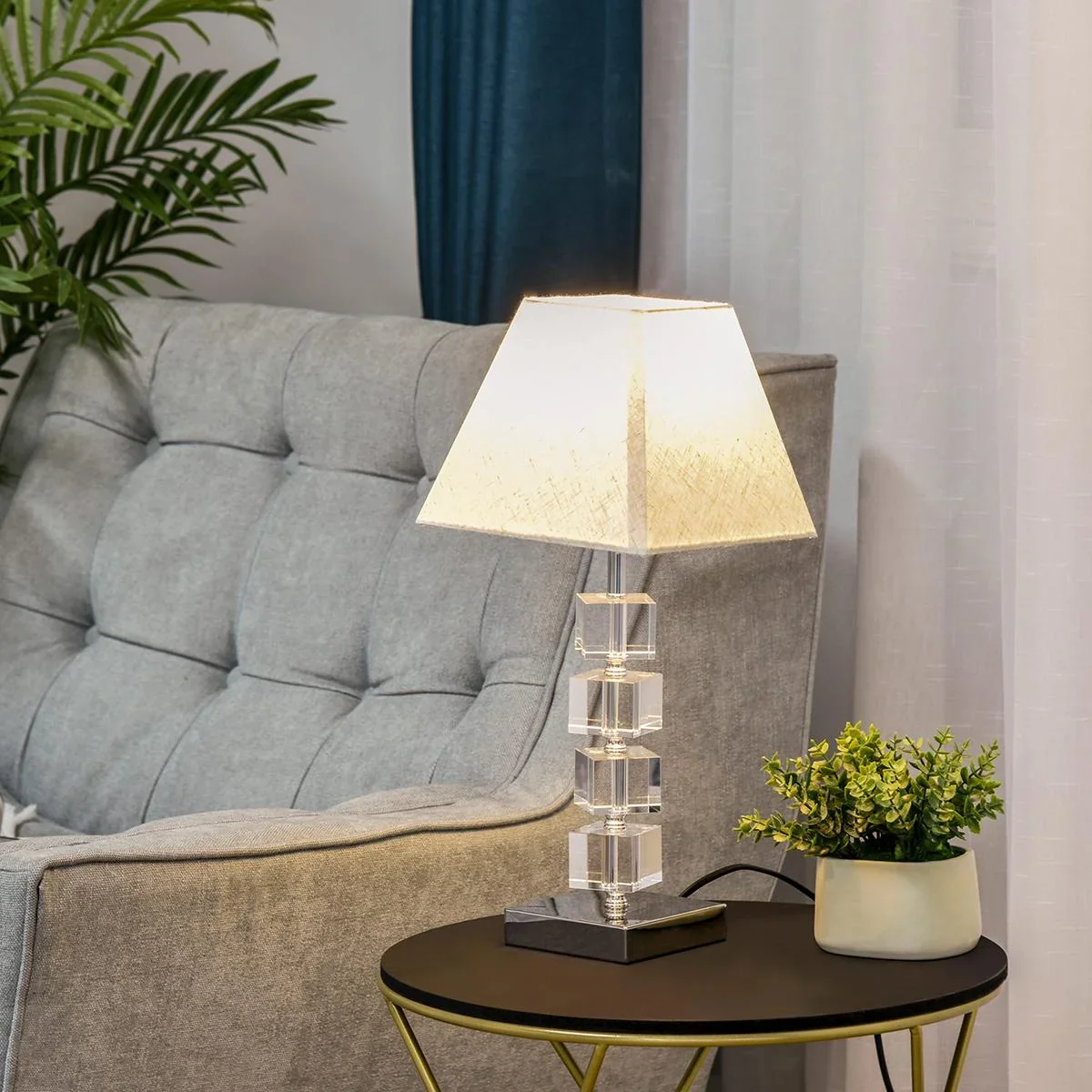 Tischlampe mit Kristallsockel cremeweiß - 7