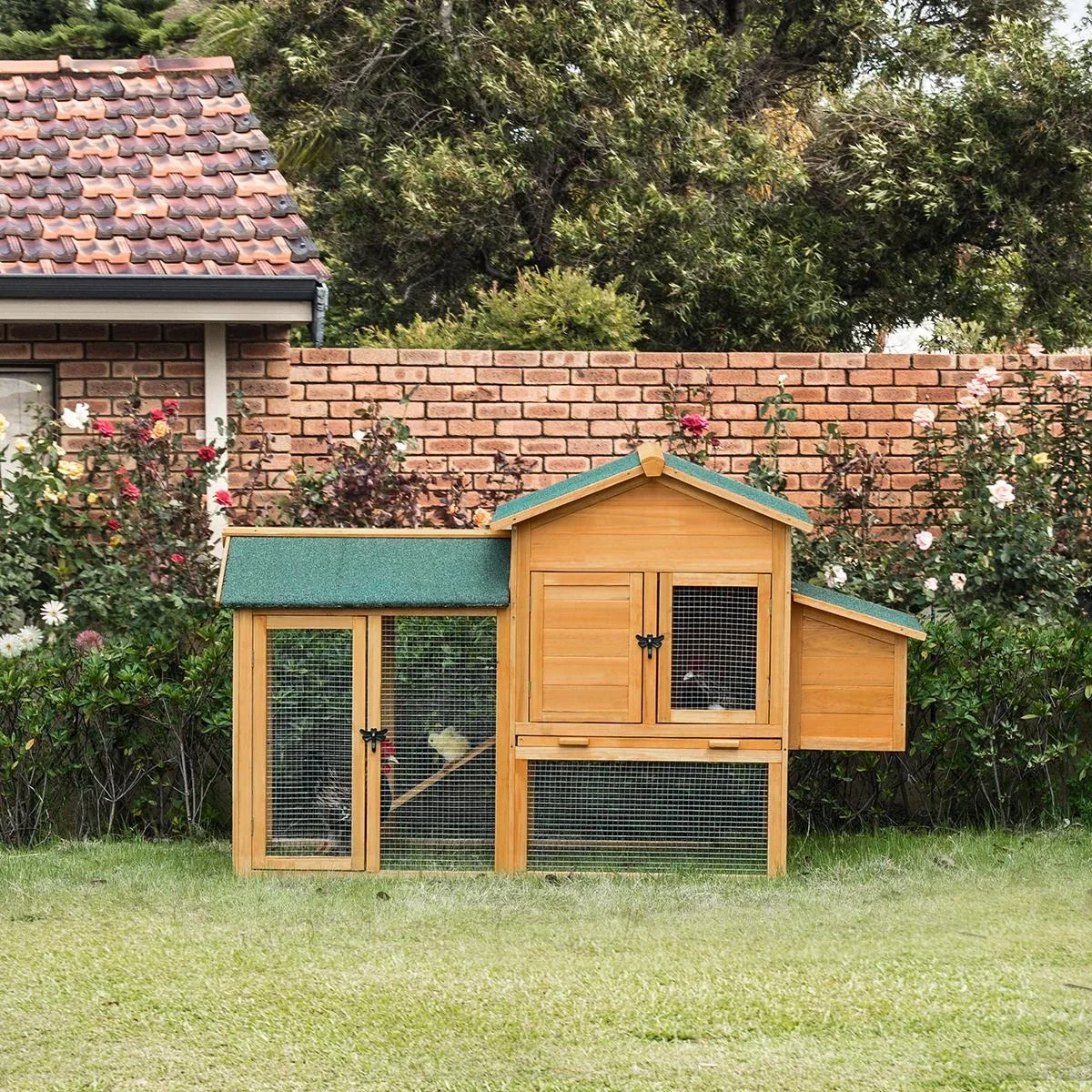 Hühnerstall Hühnerhaus mit Auslauf Geflügelstall mit Stange Fenster Nistkasten Tannenholz Gelb+Grün 168x75x103 cm - 0