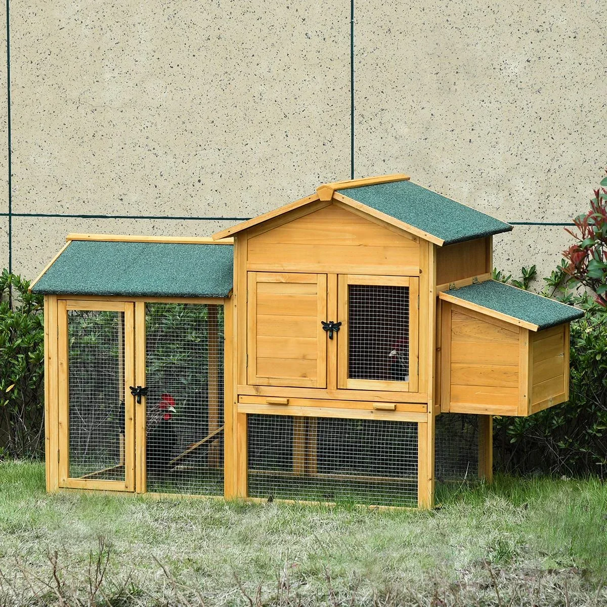 Hühnerstall Hühnerhaus mit Auslauf Geflügelstall mit Stange Fenster Nistkasten Tannenholz Gelb+Grün 168x75x103 cm - 1