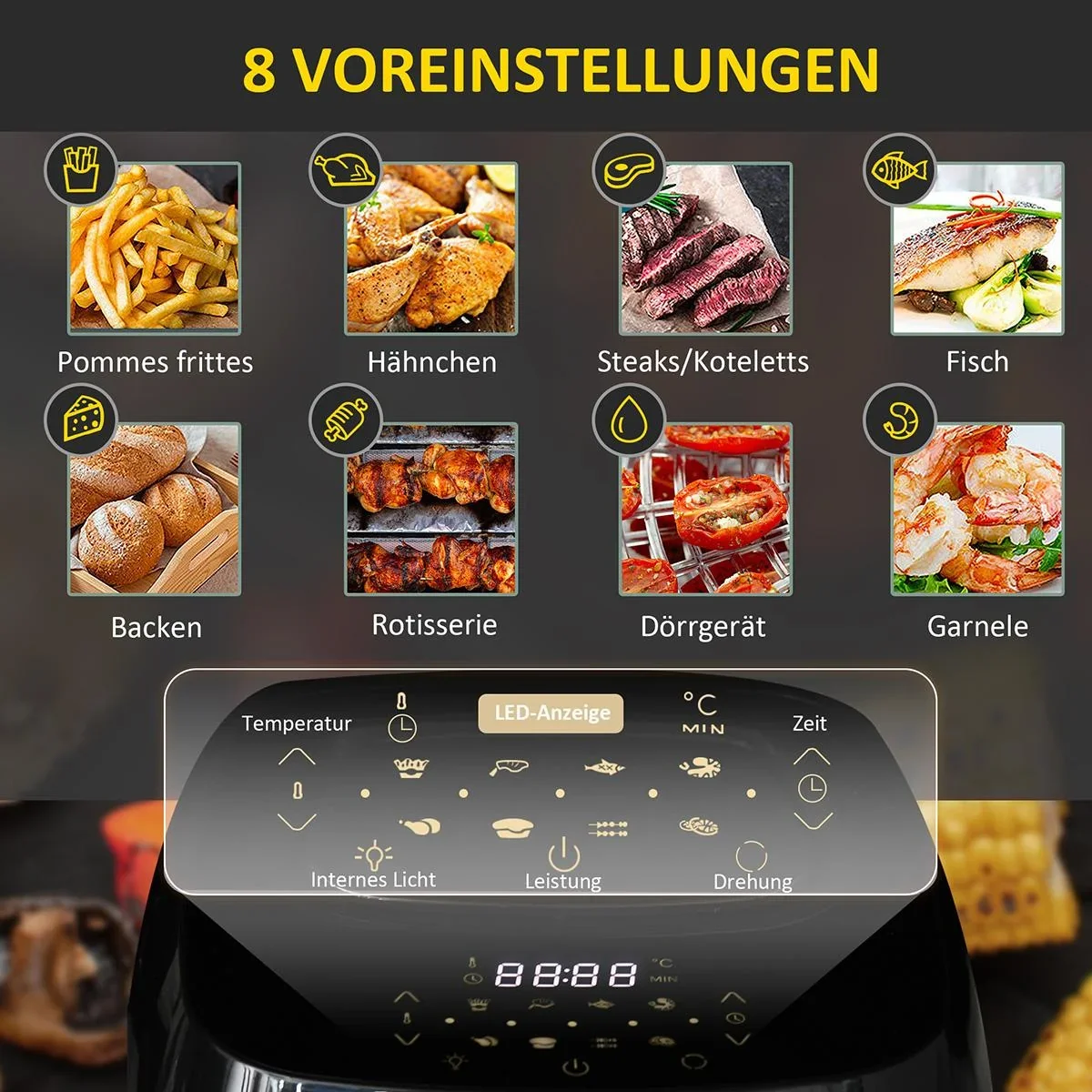 Heißluftfritteuse 11 L 1800W mit 8 Menüs Zubehör Stahl Schwarz 32 x 35,6 x 37,9 cm - 2