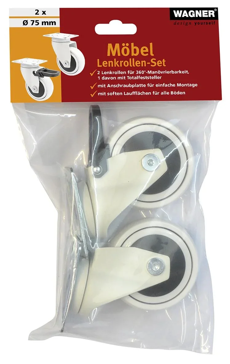 Design 3C Lenkrollen 4 teiliges Set - Ø 75 mm, soft, weiß, 2 Rollen mit & 2 ohne Feststeller, Tragkraft 75 kg / Rolle - 3