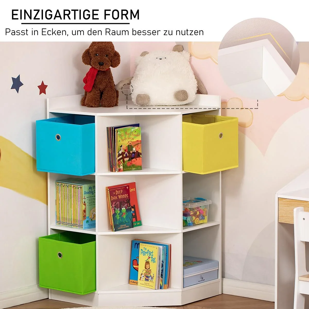 Kinderregal Eckregal mit 3 Aufbewahrungsboxen Kinderzimmer Spielzeugablage für 3-12 Jahre Kinder Weiß 57,4 x 57,4 x 94 c - 0