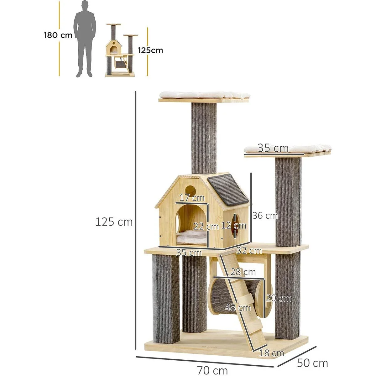 Spielplattform für Katzen - mit Haus und Leiter - Holz/Grau - 70 x 50 x 125 cm - 0