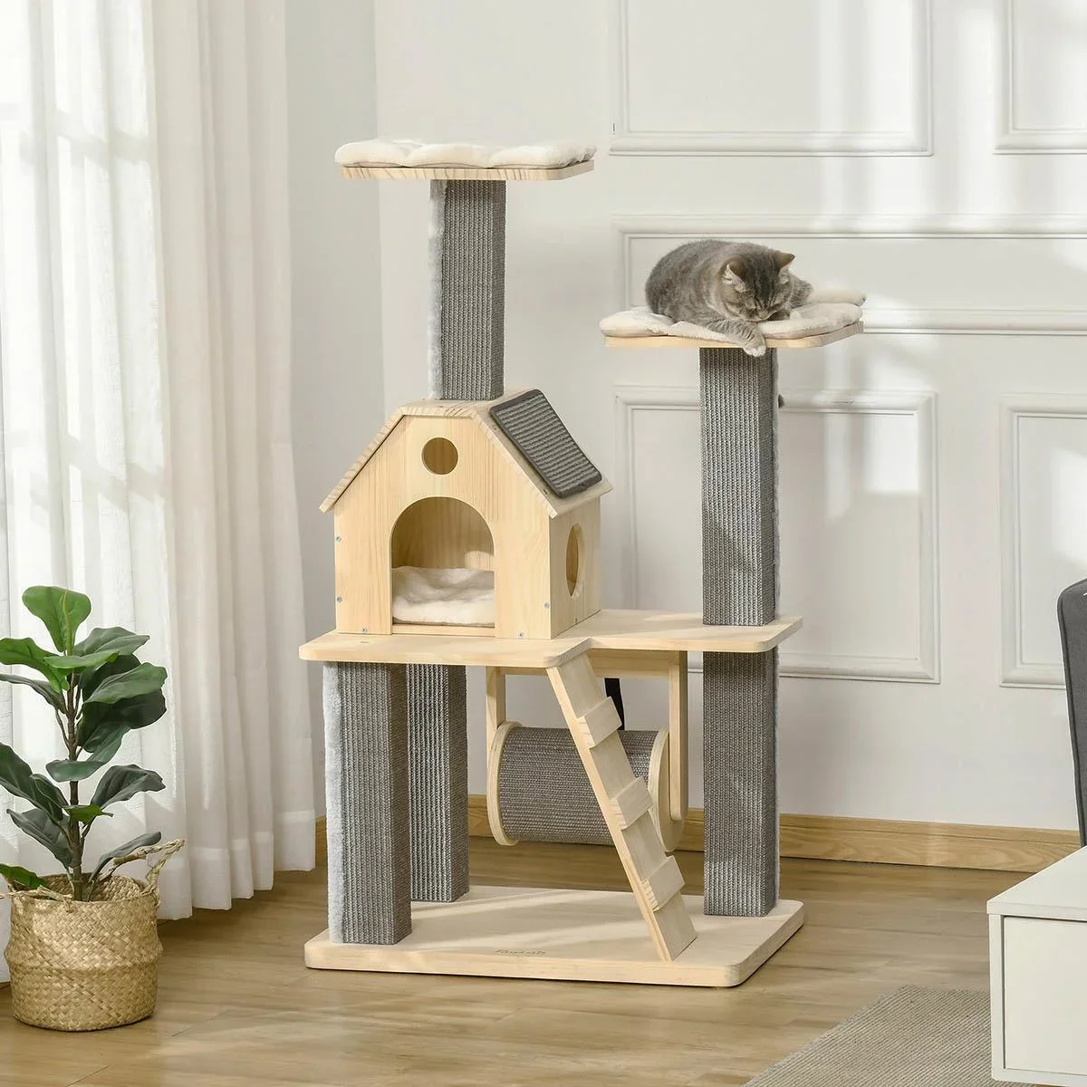 Spielplattform für Katzen - mit Haus und Leiter - Holz/Grau - 70 x 50 x 125 cm - 1