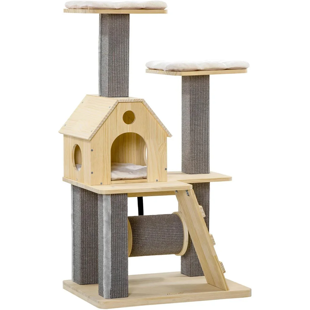 Spielplattform für Katzen - mit Haus und Leiter - Holz/Grau - 70 x 50 x 125 cm - 2