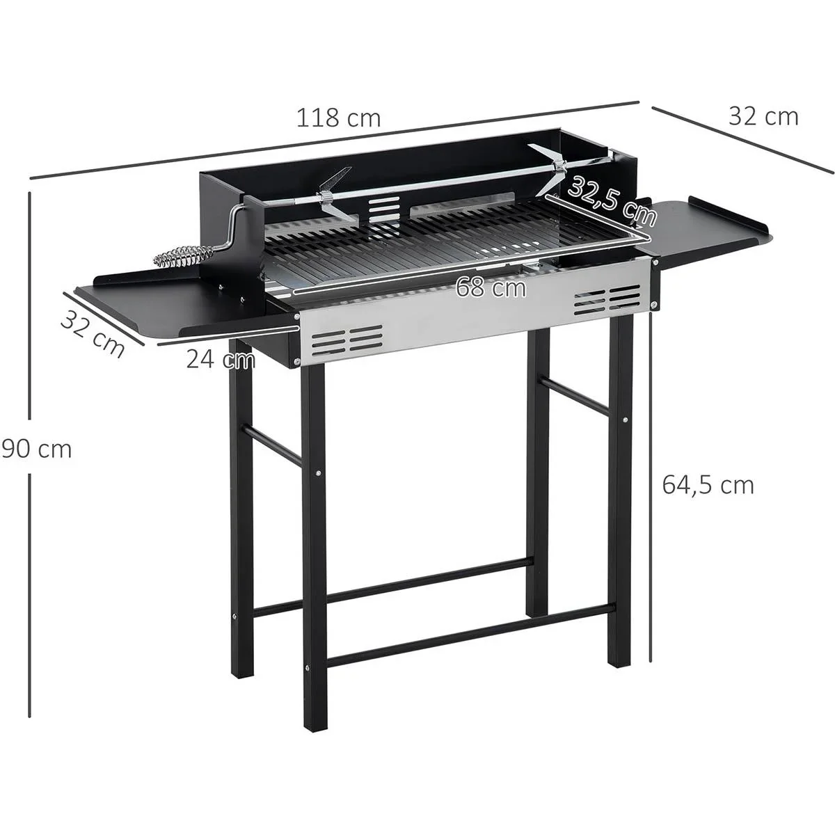BBQ Grill mit Spieß - Edelstahl - Schwarz/Silber - 118 x 32 x 90 cm - 3