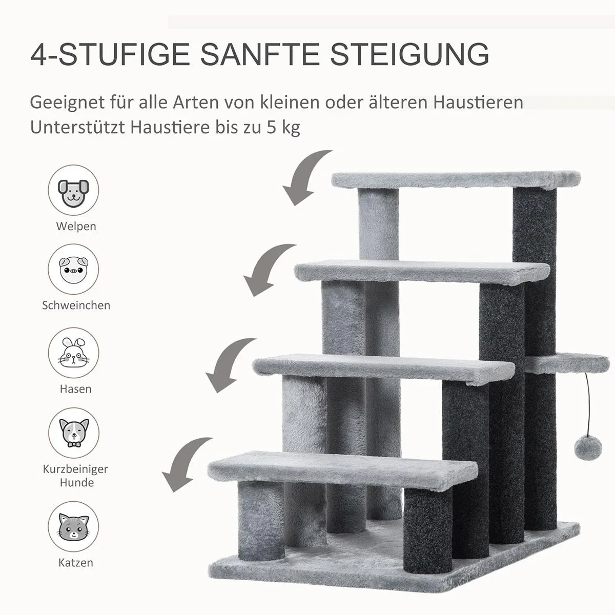 Haustiertreppe mit Kratzbaum Ball 4-stufige Katzentreppe Hundetreppe Tiertreppe Spanplatte Plüsch Jute Grau 60 x 40 x 64 - 0