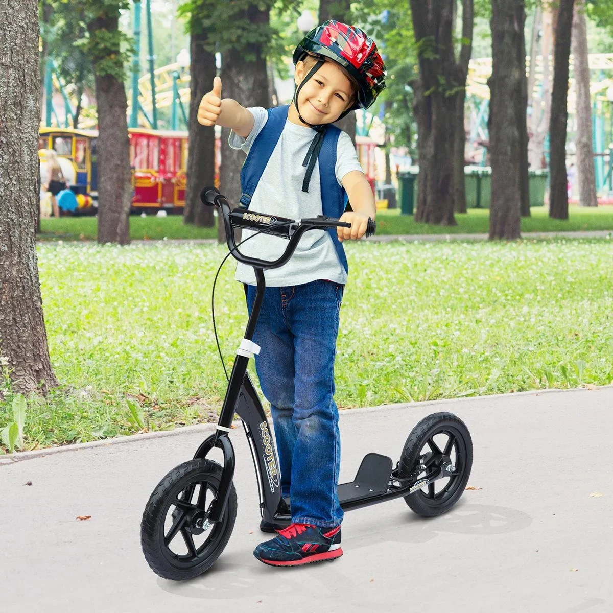 Kinderroller Scooter Tretroller Cityroller Kinder Roller Kickboard 12 Zoll Schwarz 120 x 52 x 80-88 cm - 0