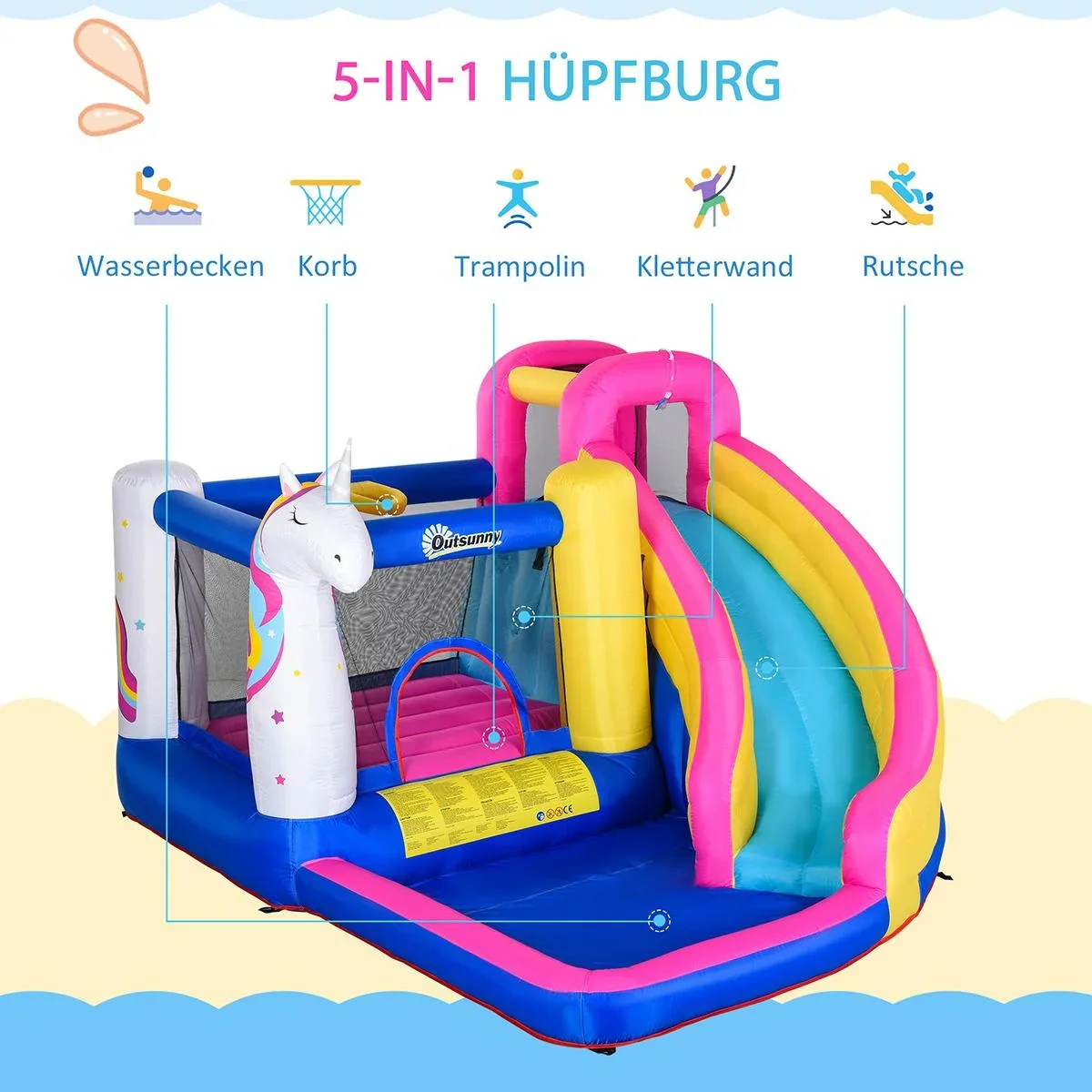 Kinderhüpfburg mit Rutsche und Pool bunt - 0