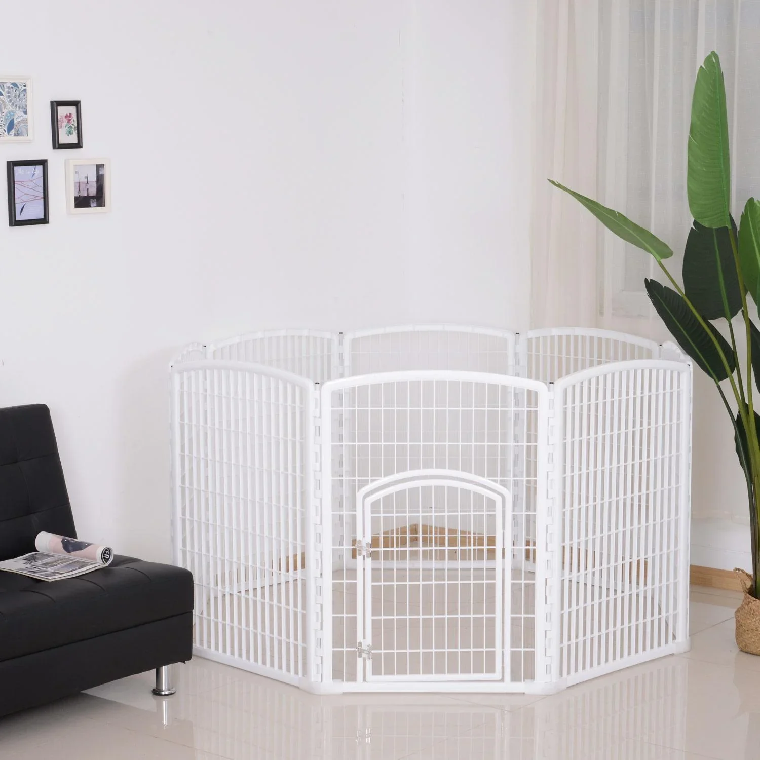 Welpengitter Freilaufgehege Laufstall für Haustiere mit Tür 6 Teile sechseckig PP-Kunststoff rostfrei Weiß Ø180 x H95 cm - 1