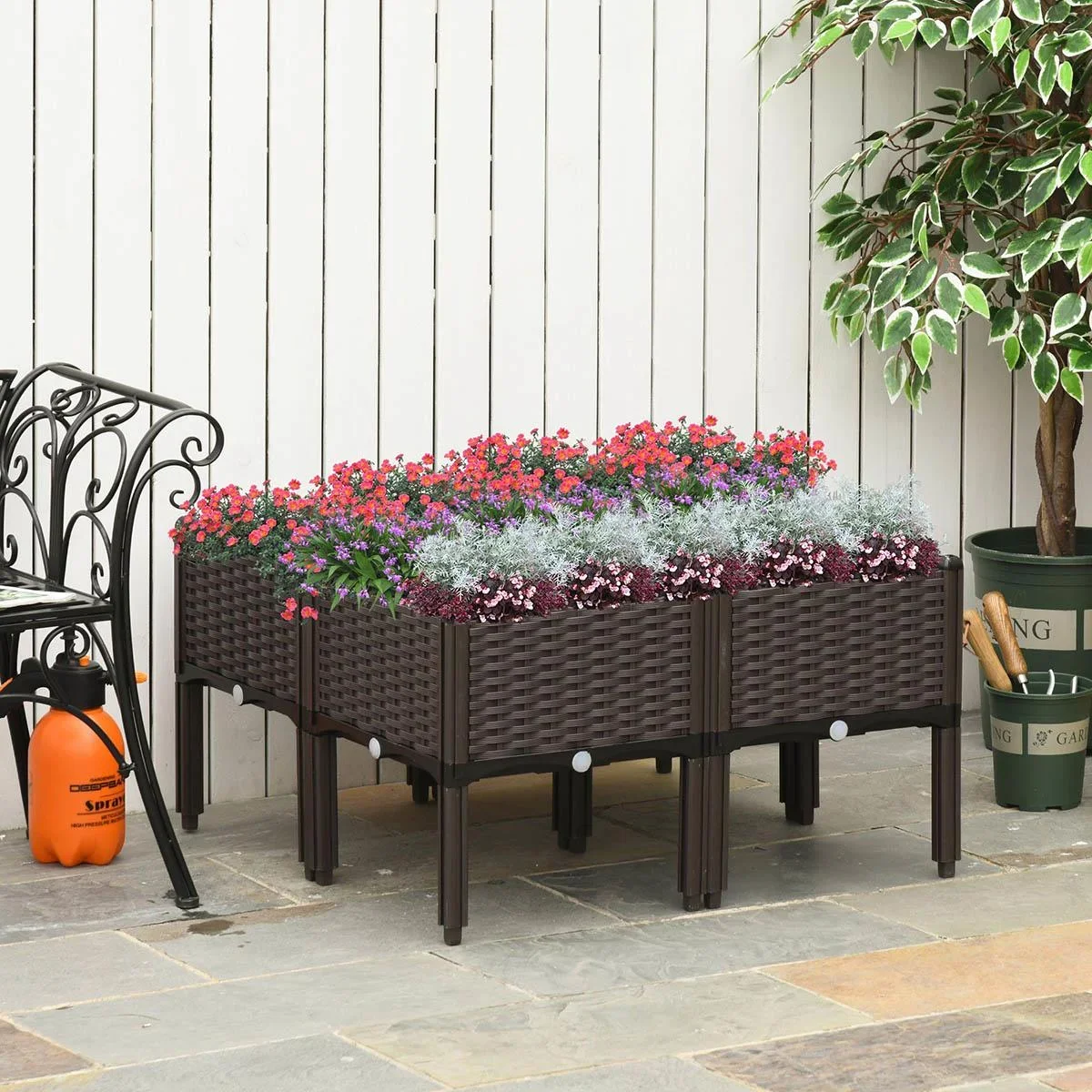 Hochbeet 4-teiliger Pflanzkasten mit Abflusslöchern Rattan-Look Blumenkasten DIY Braun 40 x 40 x 44 cm - 0