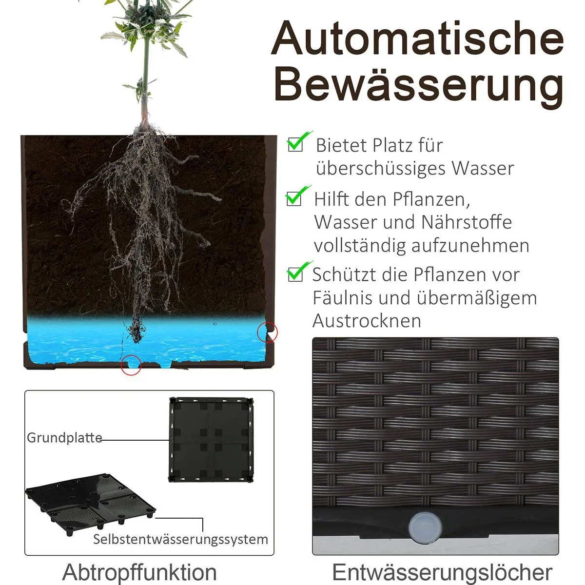 Hochbeet 4-teiliger Pflanzkasten mit Abflusslöchern Rattan-Look Blumenkasten DIY Braun 40 x 40 x 44 cm - 3