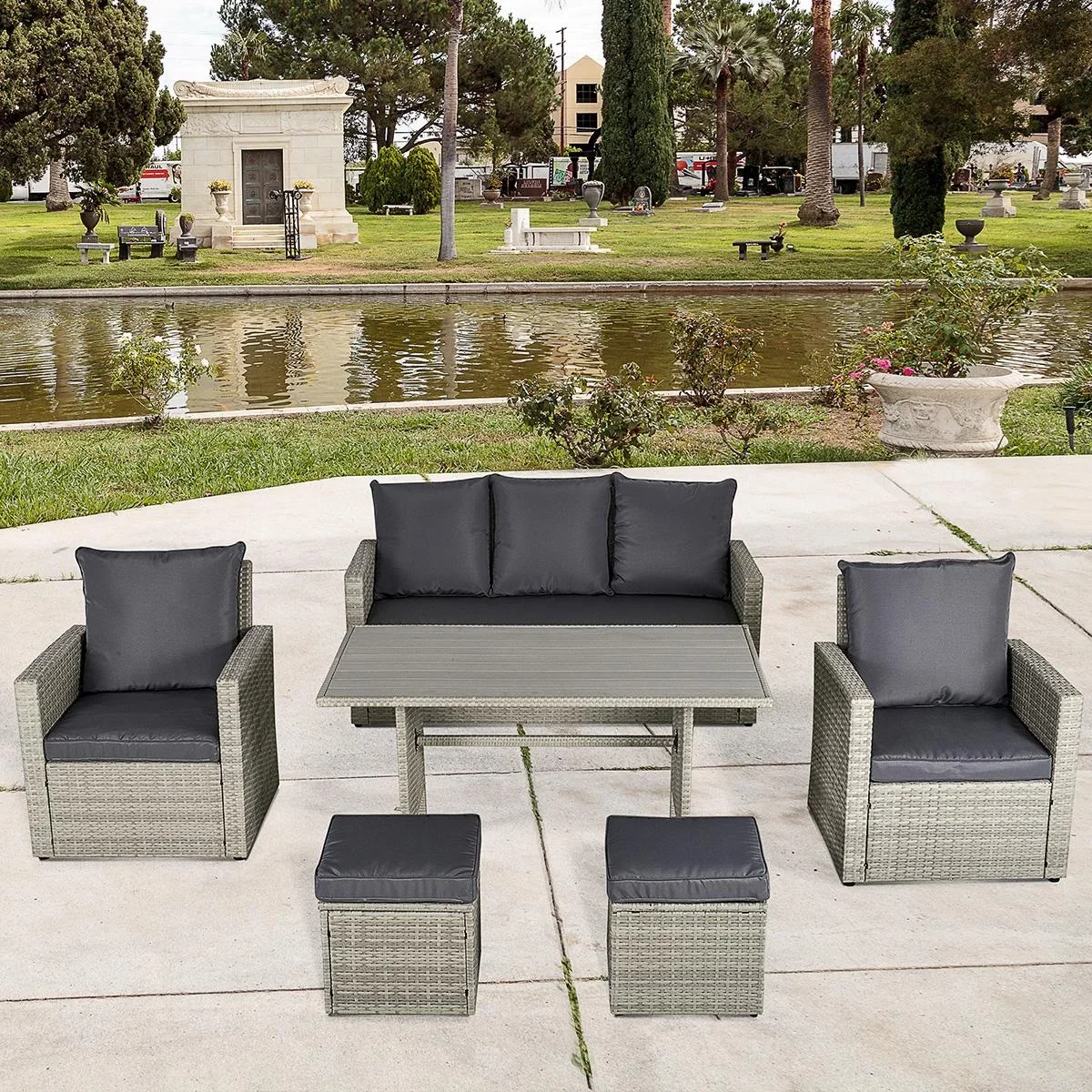 Poly Rattan Sitzgruppe 6 tlg. Garten Essgruppe Sofa-Set Sofa Lounge Hocker Hof Balkon Pool PE Rattan Grau - 1