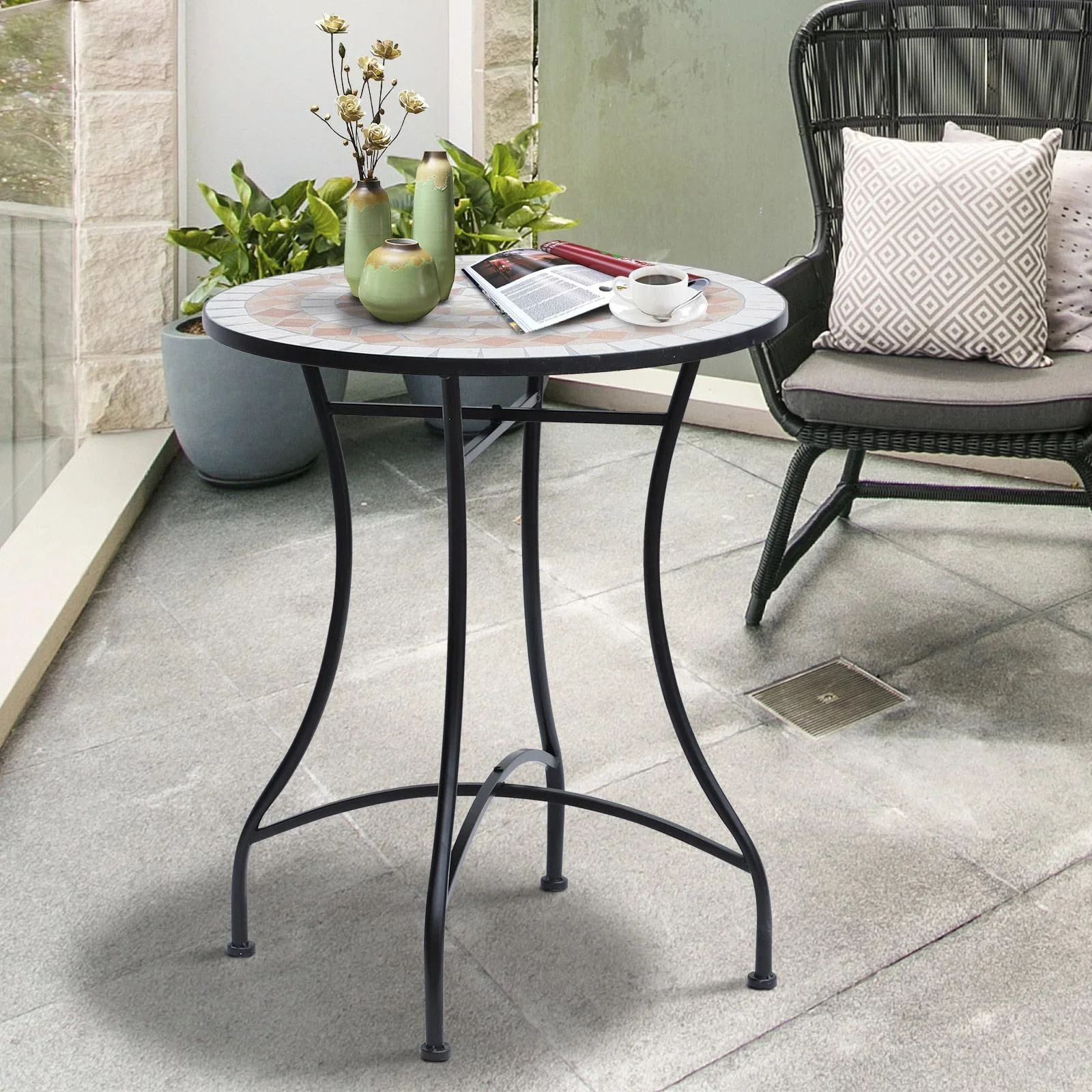 Gartentisch Balkontisch Mosaiktisch Seviertisch rund Stahl + Keramik Ø60 x H71 cm - 2