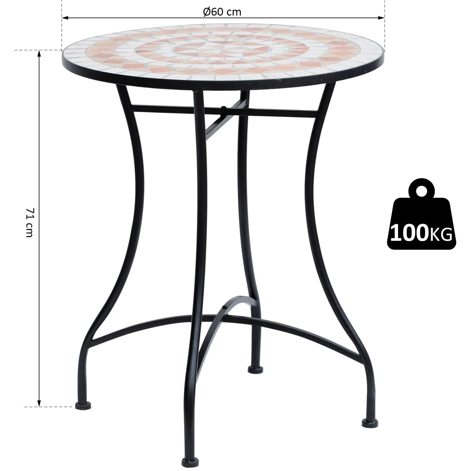 Gartentisch Balkontisch Mosaiktisch Seviertisch rund Stahl + Keramik Ø60 x H71 cm - 3