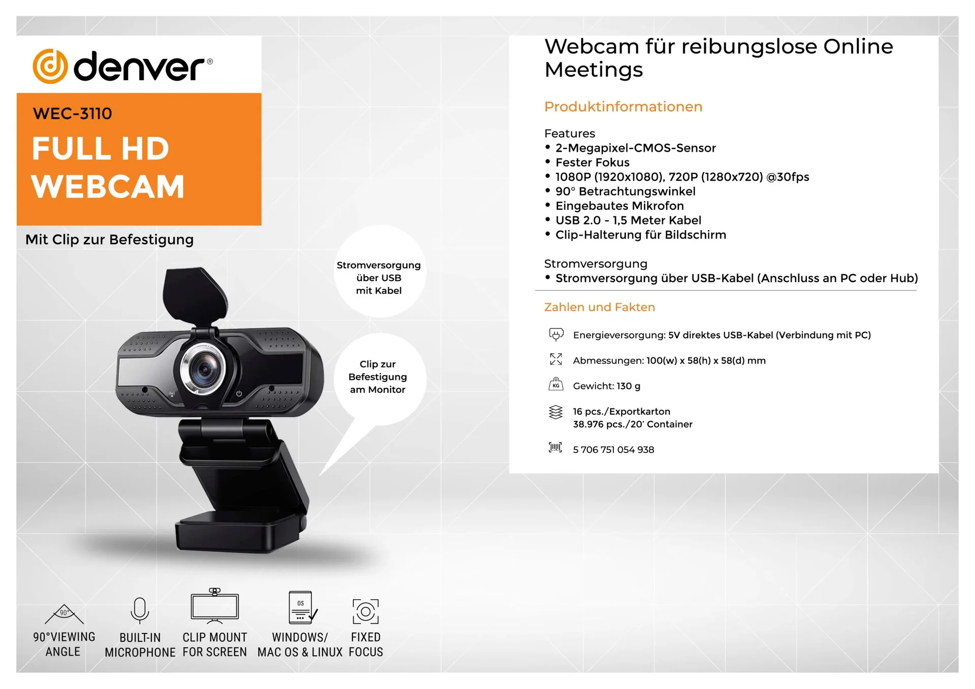 Webcam mit 2 Megapixel Sensor, eingebautem Mikrofon und Monitor Clip - 1