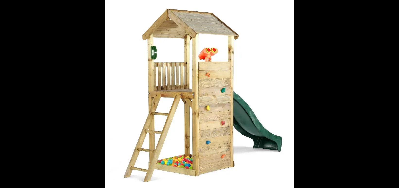 Holz Aussichtsturm   Outdoor-Spielturm für Kinder aus Holz, Kletterwand, Rutsche, Sandkasten, Kreidetafel, natur - 2