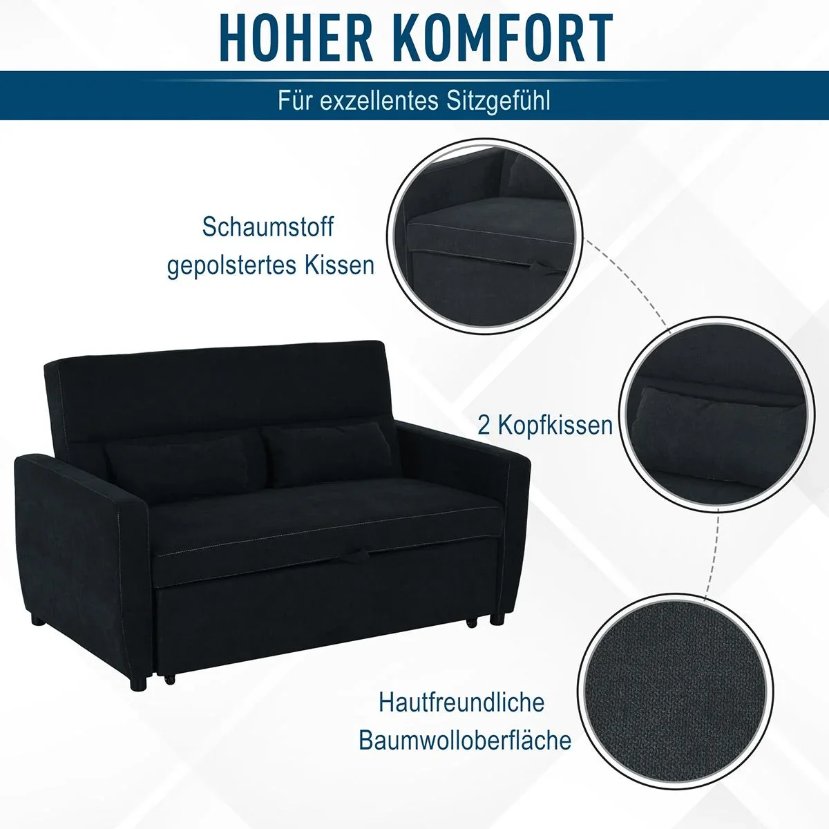 Schlafsofa, Klappsofa, 2-Sitzer Stoffsofa, Verstellbarer Winkel, Dunkelgrau, 148 x 82 x 89 cm - 1