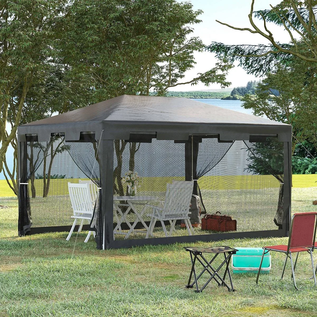 Pavillon Partyzelt mit Seitenwänden Metall PE Weiß+Dunkelgrau+Schwarz 4 x 3 m - 4