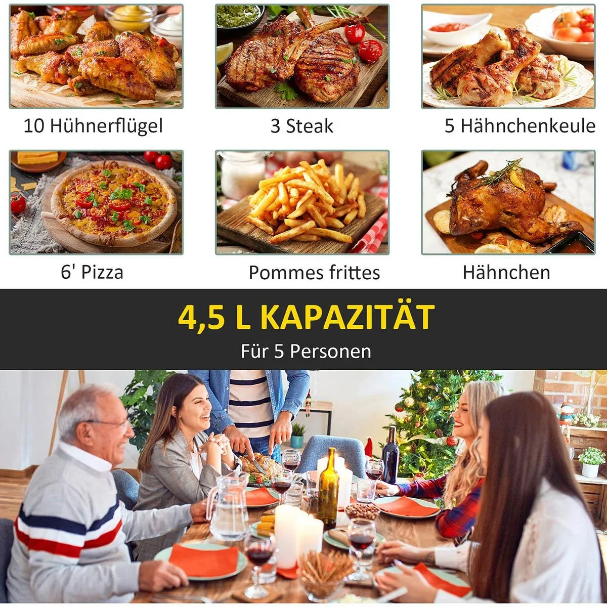 Heißluftfritteuse 4,5 L 1500W mit 8 Menüs Antihaftbeschichteter Korb für gesundes ölfreies fettarmes Kochen Stahl Schwar - 1