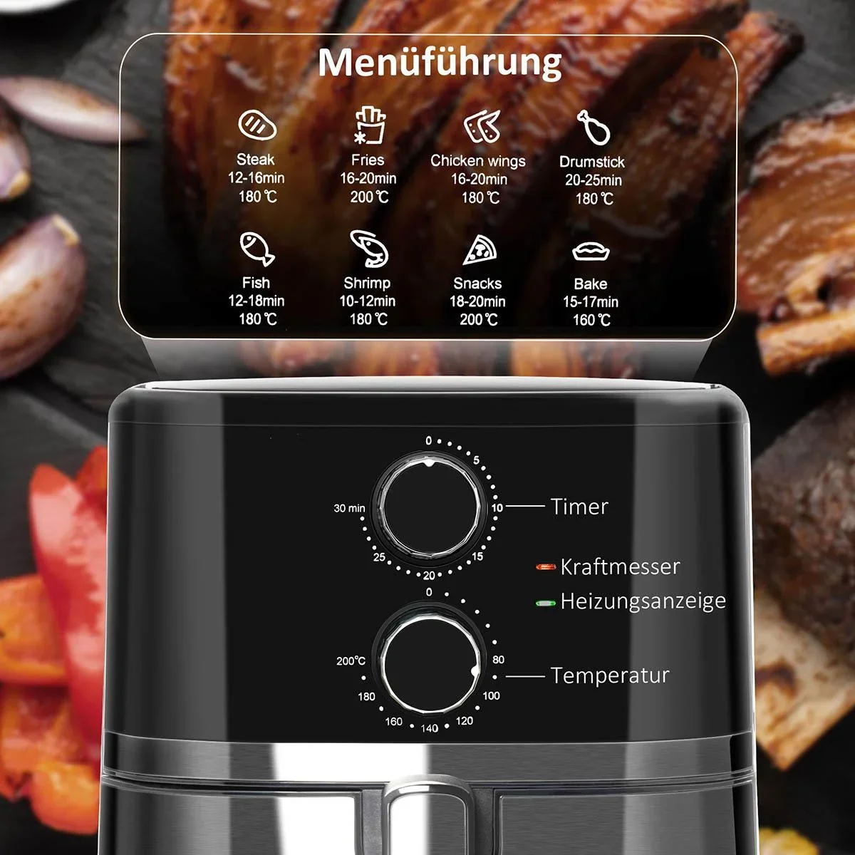 Heißluftfritteuse 4,5 L 1500W mit 8 Menüs Antihaftbeschichteter Korb für gesundes ölfreies fettarmes Kochen Stahl Schwar - 4