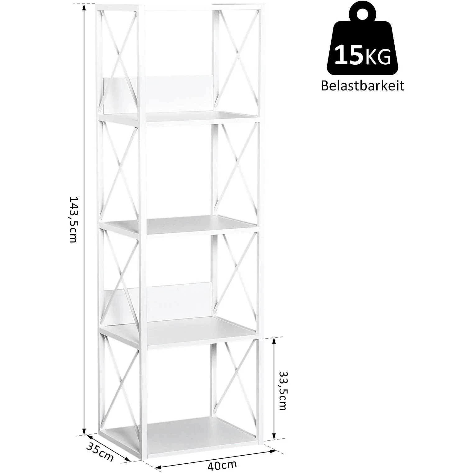 Standregal Bücherregal Aufbewahrungsregal Metall Weiß 40 x 35 x 143,5 cm - 5