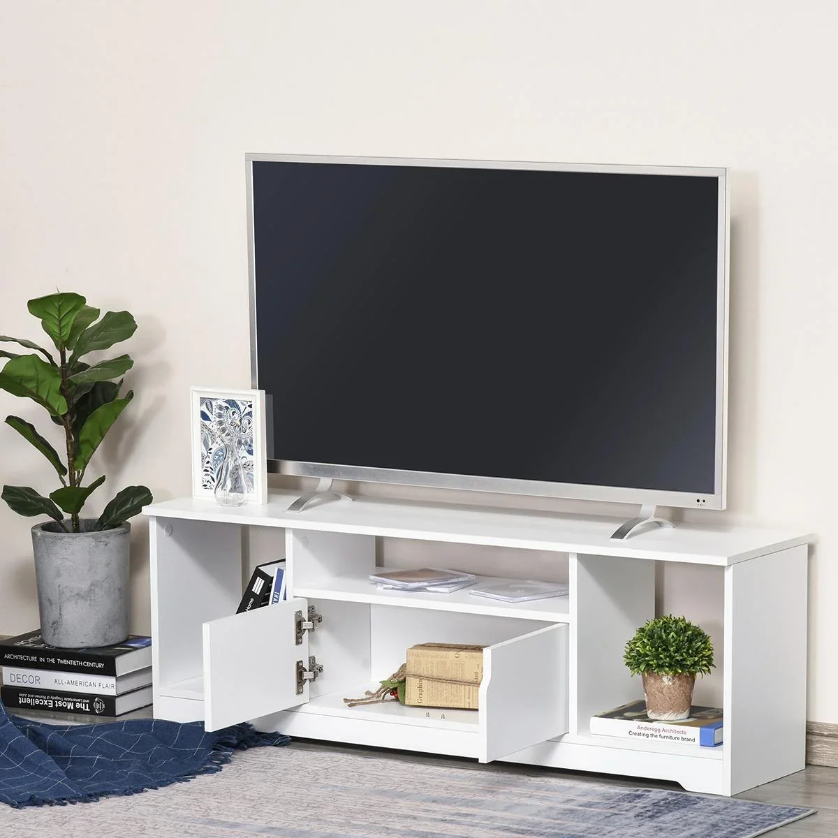 TV-Ständer, TV Schrank, TV-Kommode, Moderner Fernsehtisch mit Schrank und Offene Regale, Spanplatte, Weiß, 120 x 30 x 41 - 0