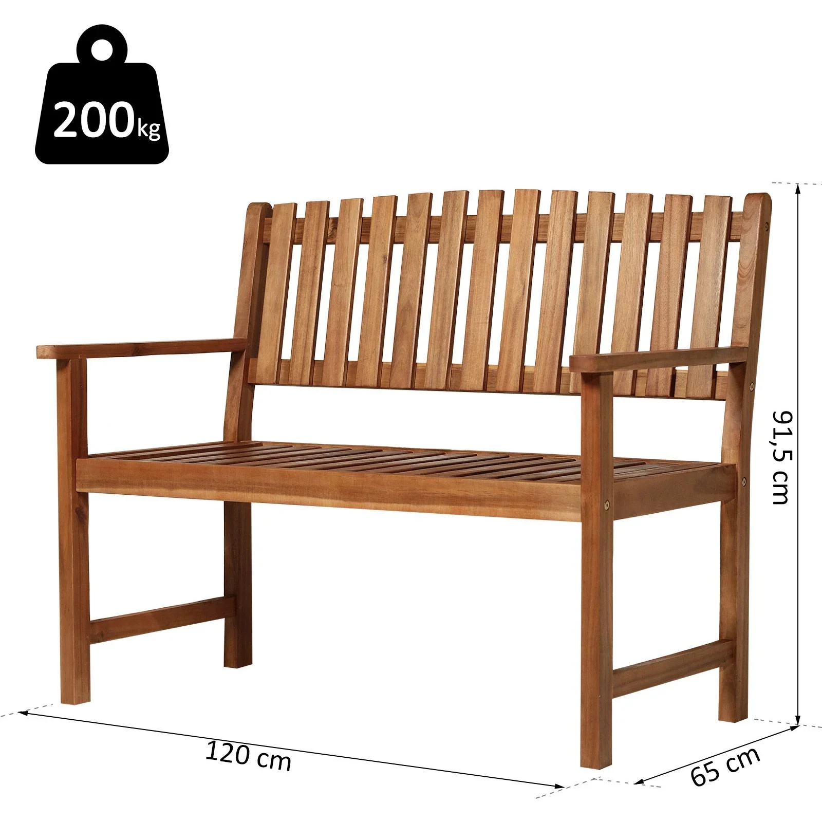 2-Sitzer Sitzbank Gartenbank Holzbank mit Armlehne Landhausstil Akazienholz Rotbraun 120 x 65 x 91,5 cm - 3