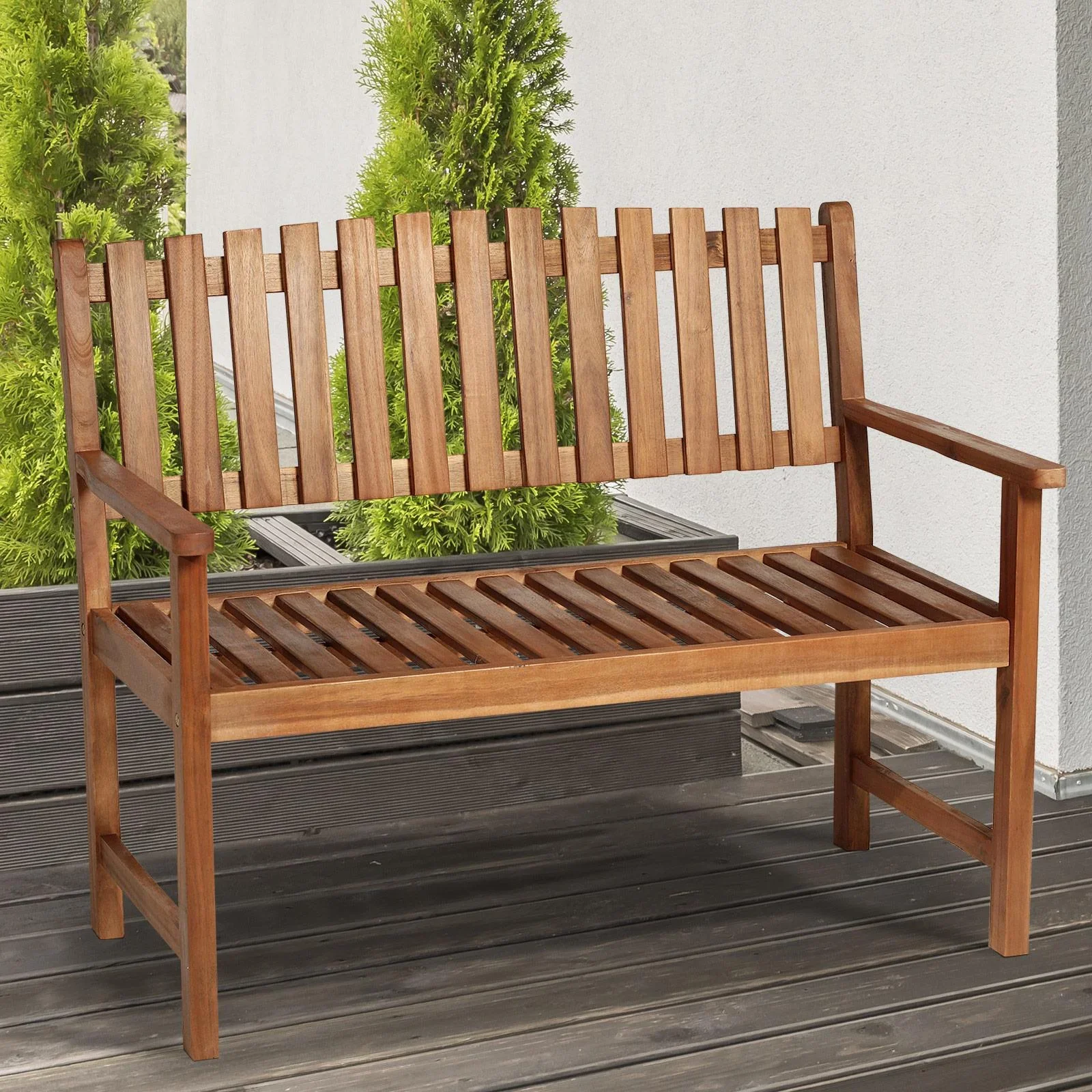 2-Sitzer Sitzbank Gartenbank Holzbank mit Armlehne Landhausstil Akazienholz Rotbraun 120 x 65 x 91,5 cm - 7