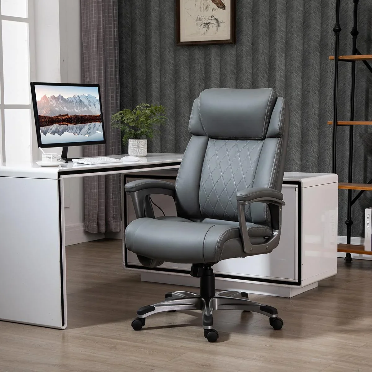 Massage-Bürostuhl 6-Punkt-Massage-Drehstuhl aus Kunstleder mit gewölbter Kopfstütze und Armlehne Grau 70 x 76,5 x 114-12 - 1