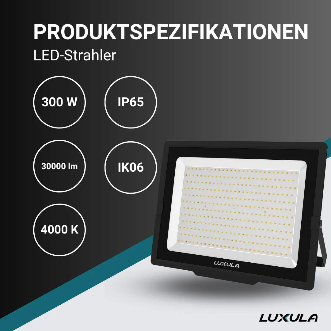 LED-Fluter in schwarz bietet 300 W, 4000 K (neutralweiß), 30000 lm & IP65 Schutz - 0