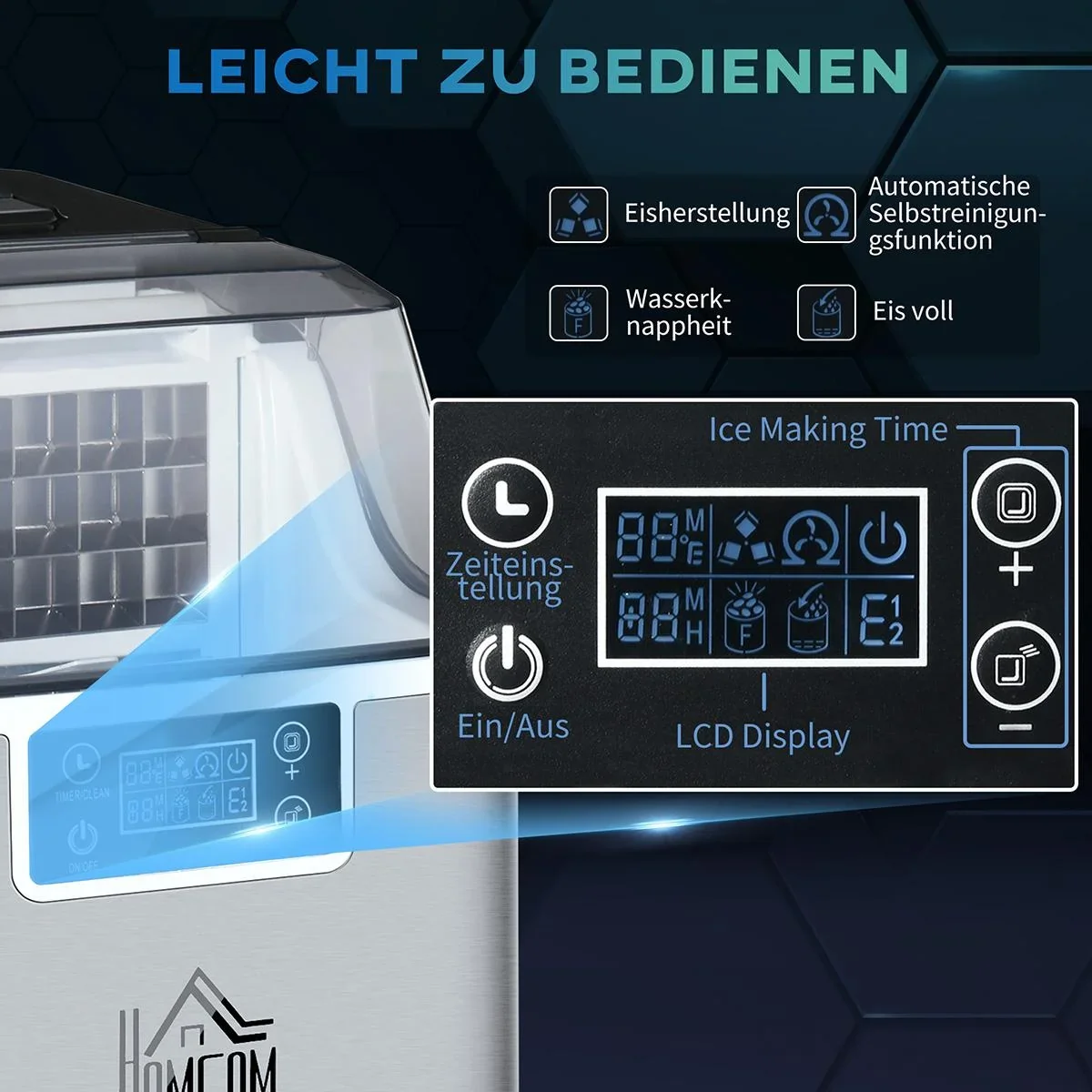 Eiswürfelbereiter 20 kg/24h 2.3 l Eiswürfelbereiter mit 3.2 l Wassertank Display Edelstahl silber 25,2 x 36 x 37,1 cm - 3