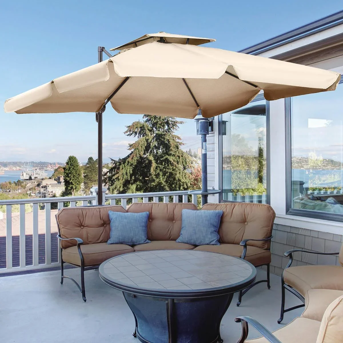 Sonnenschirm mit Sonnenschirmfuß und 4 Gewichten, Aluminium, khaki, 2,7 x 2,7 x 2,6 m - 1