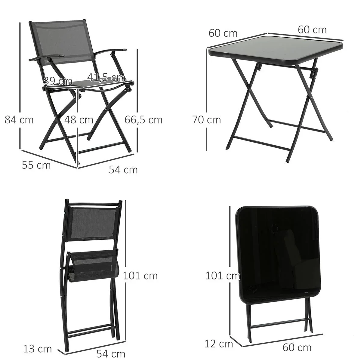 Sitzgruppe klappbar 3tlg. Balkonset Balkonmöbel 1 Tisch+2 Stühle Gartenmöbel Set Sitzgarnitur Metall Mesh Schwarz+Grau - 1
