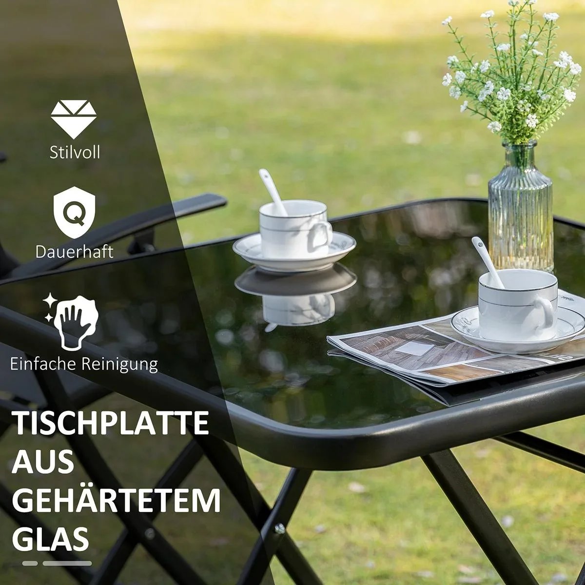 Sitzgruppe klappbar 3tlg. Balkonset Balkonmöbel 1 Tisch+2 Stühle Gartenmöbel Set Sitzgarnitur Metall Mesh Schwarz+Grau - 2