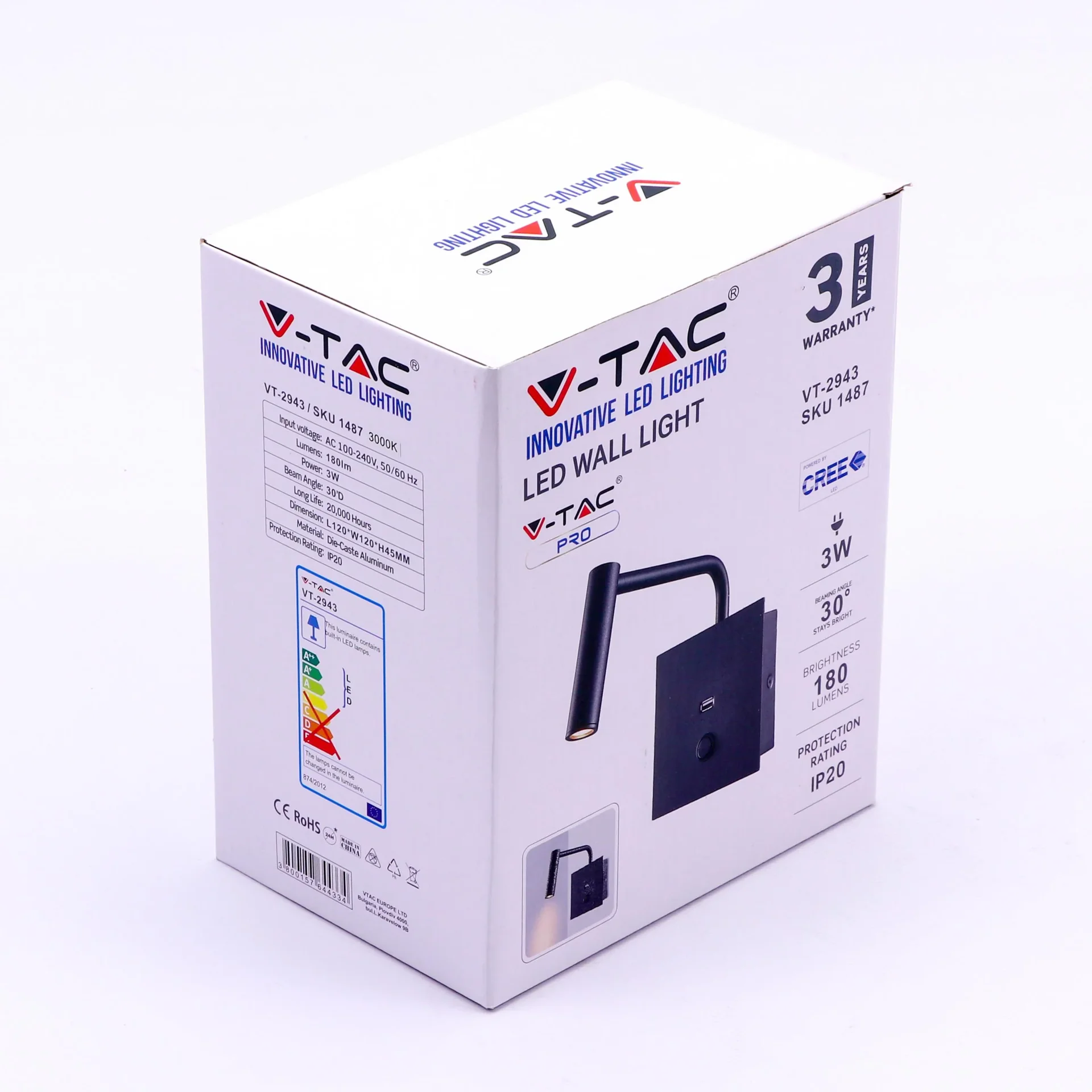 VT-2943 led-leselampe mit usb - wandhalterung - 3W - 180 Lumen - 3000K - schwarz - Ideal für neben Ihrem Bett - 0