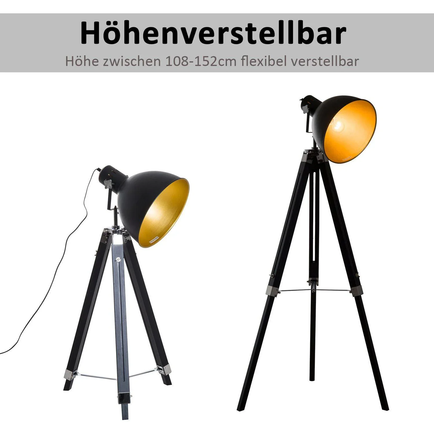 Stehlampe Dreibein Stehleuchte höhenverstellbar 108-152cm E27 Industrial Schwarz - 4