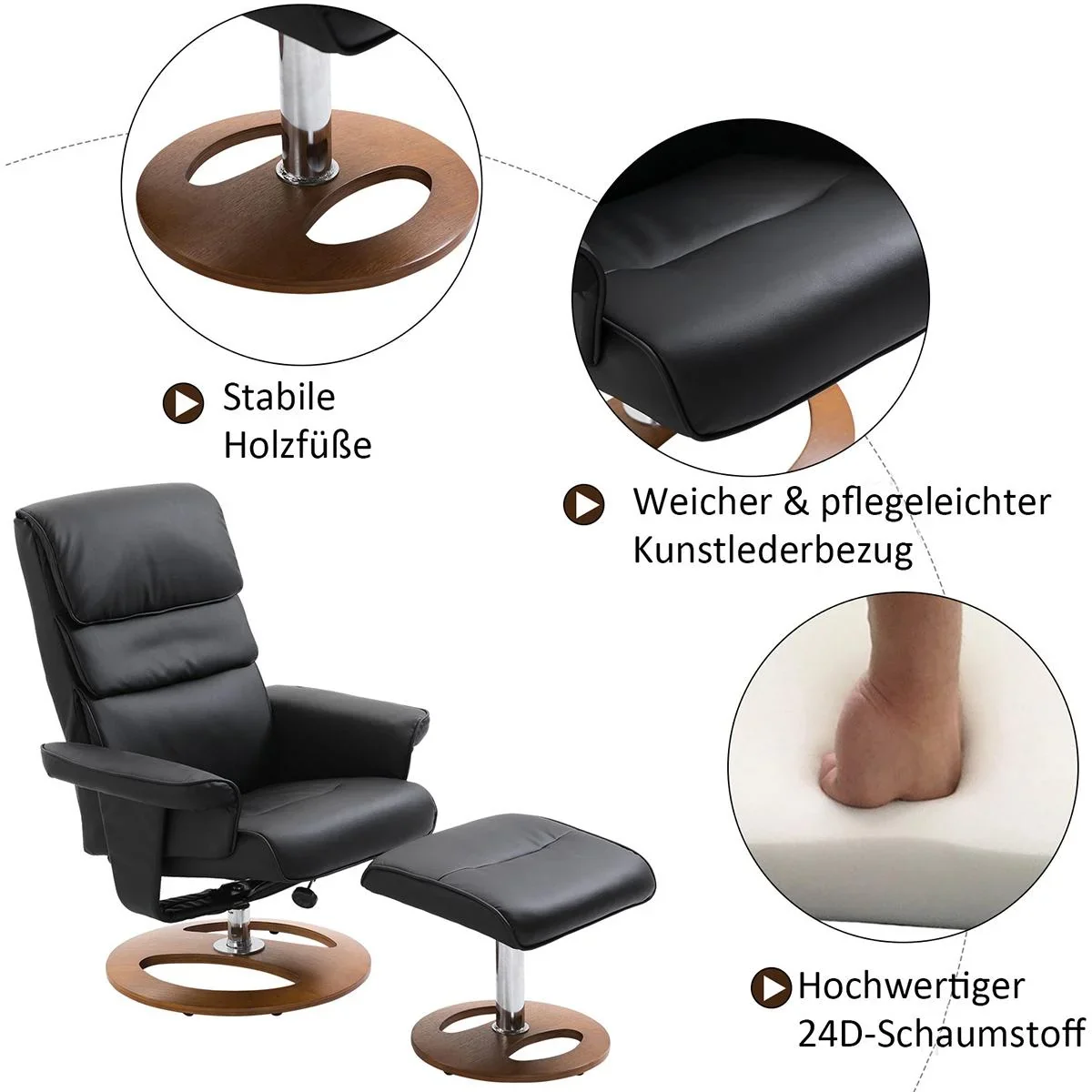 Fernsehsessel mit Hocker schwarz - 0