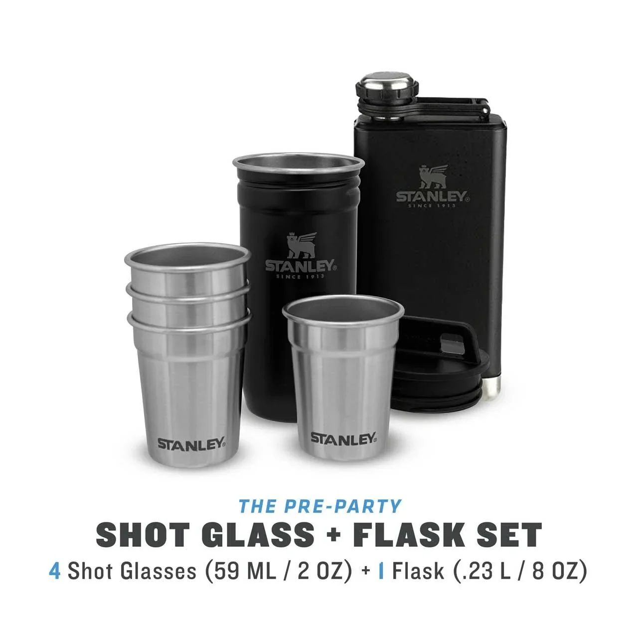 Adventure Shot & Flask Gift Set, Flasche 236 ml, 4 Edelstahl-Pinnchen, 59 ml, Edelstahlbehälter matt schwarz - 0