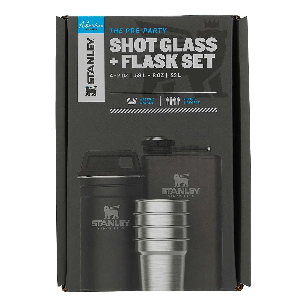 Adventure Shot & Flask Gift Set, Flasche 236 ml, 4 Edelstahl-Pinnchen, 59 ml, Edelstahlbehälter matt schwarz - 1