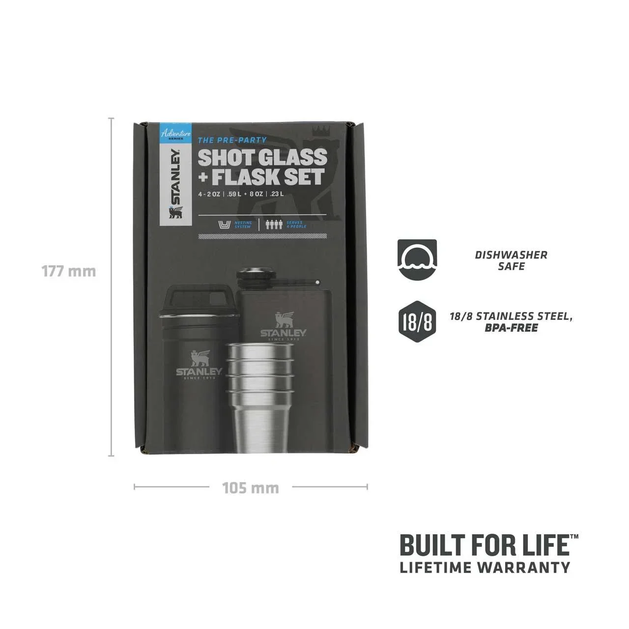 Adventure Shot & Flask Gift Set, Flasche 236 ml, 4 Edelstahl-Pinnchen, 59 ml, Edelstahlbehälter matt schwarz - 2