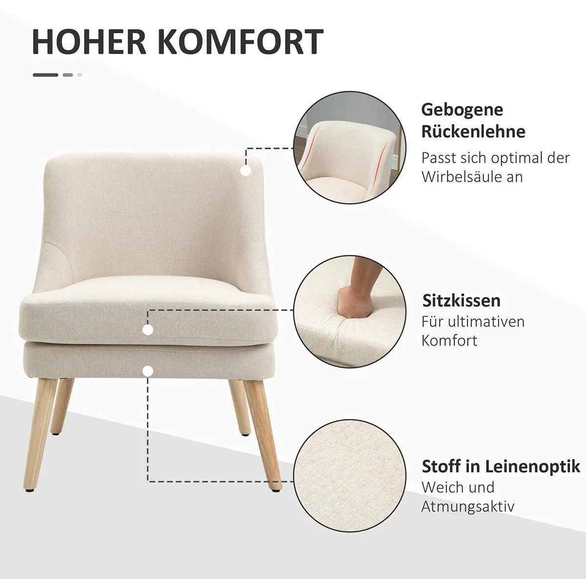 Esszimmerstuhl mit Armlehne Wohnzimmerstuhl Bürostuhl Polsterstuhl modern Leinen-Touch Holz weiß 63 x 69 x 79,5 cm - 2