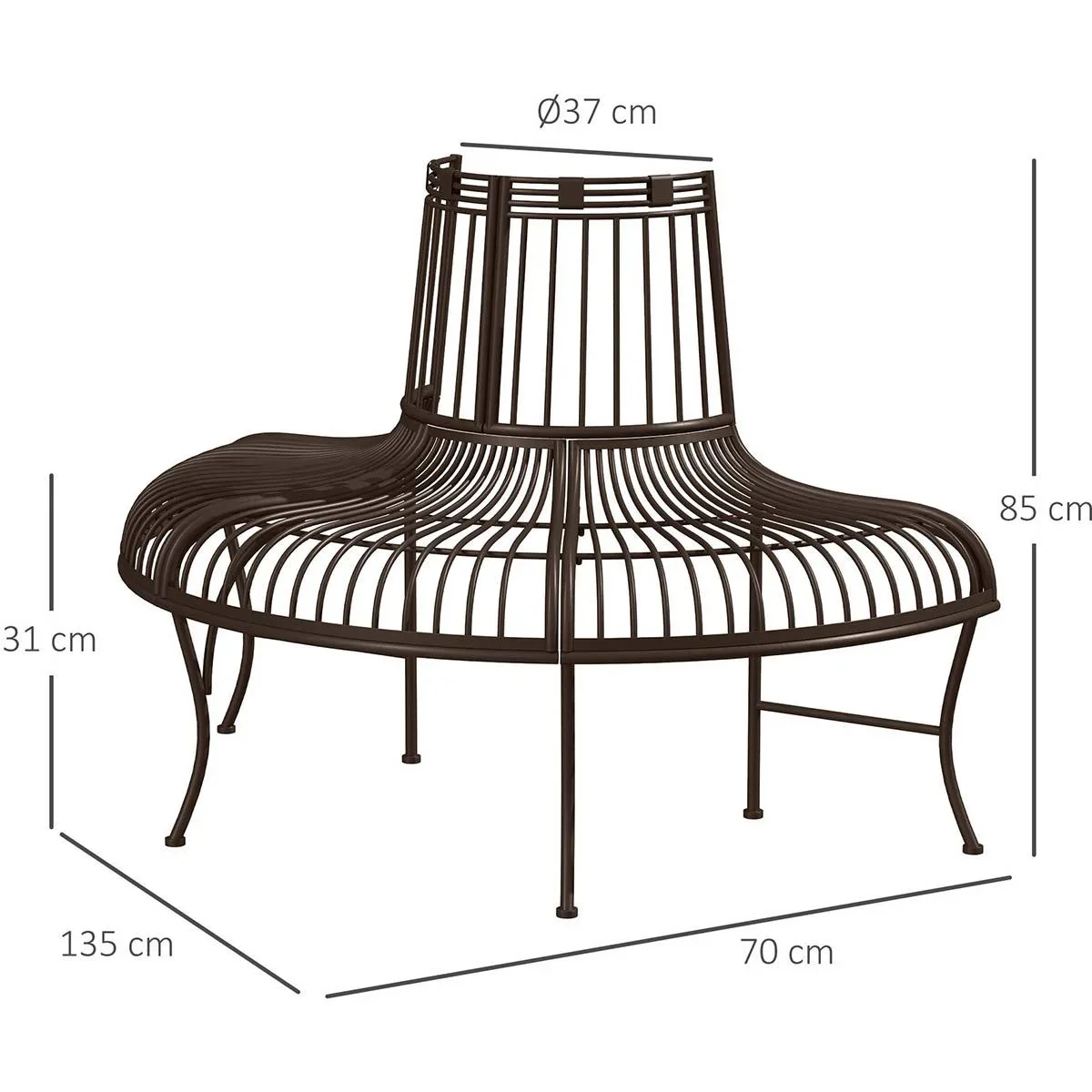 Metall-Baumbank halbrunde Gartenbank Parksitz für Ø37cm Baumstämme 135 x 70 x 85 cm - 2