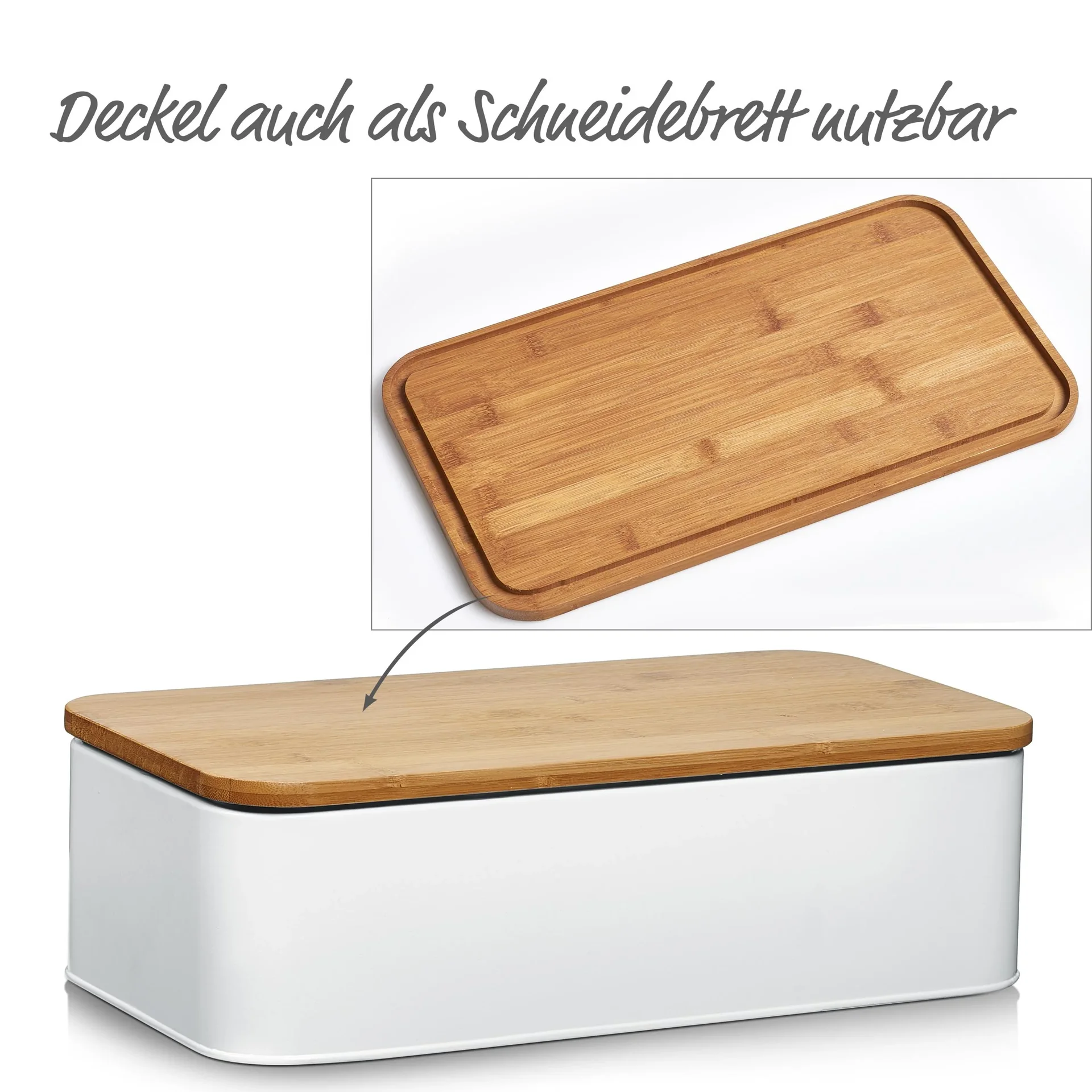 Brotkasten mit Bambusdeckel, Metall, matt weiß - 4