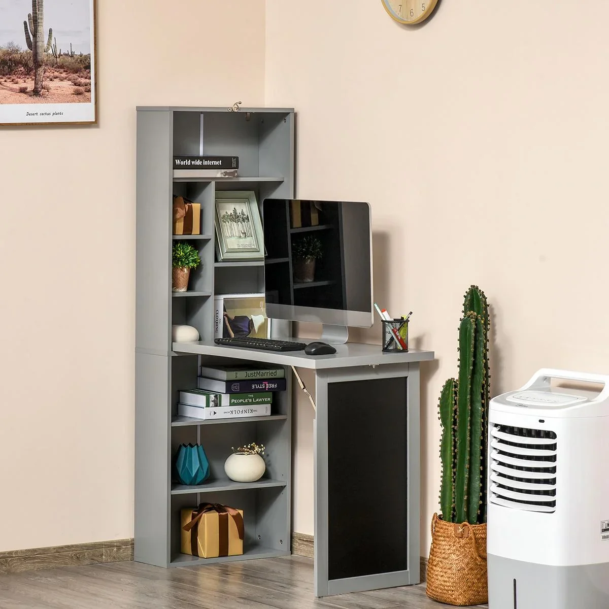 Schreibtisch klappbar mit 6 Fächer Bücherregal mit 3 Regale Computertisch Bürotisch E1 Spanplatte Metallrahmen Dunkelgra - 1