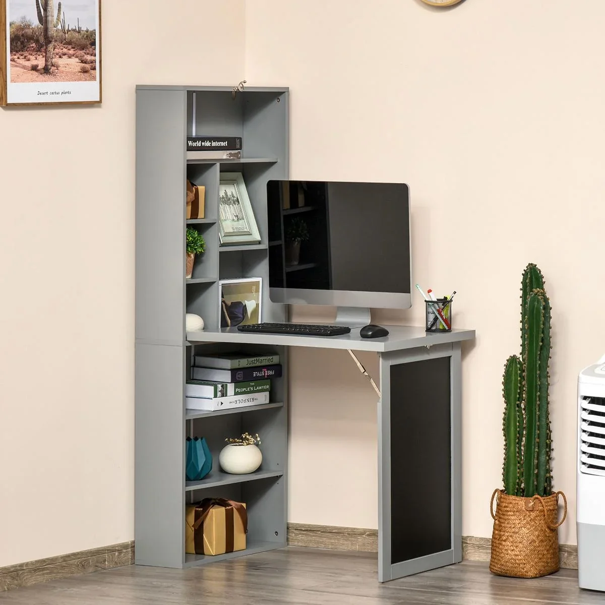Schreibtisch klappbar mit 6 Fächer Bücherregal mit 3 Regale Computertisch Bürotisch E1 Spanplatte Metallrahmen Dunkelgra - 2