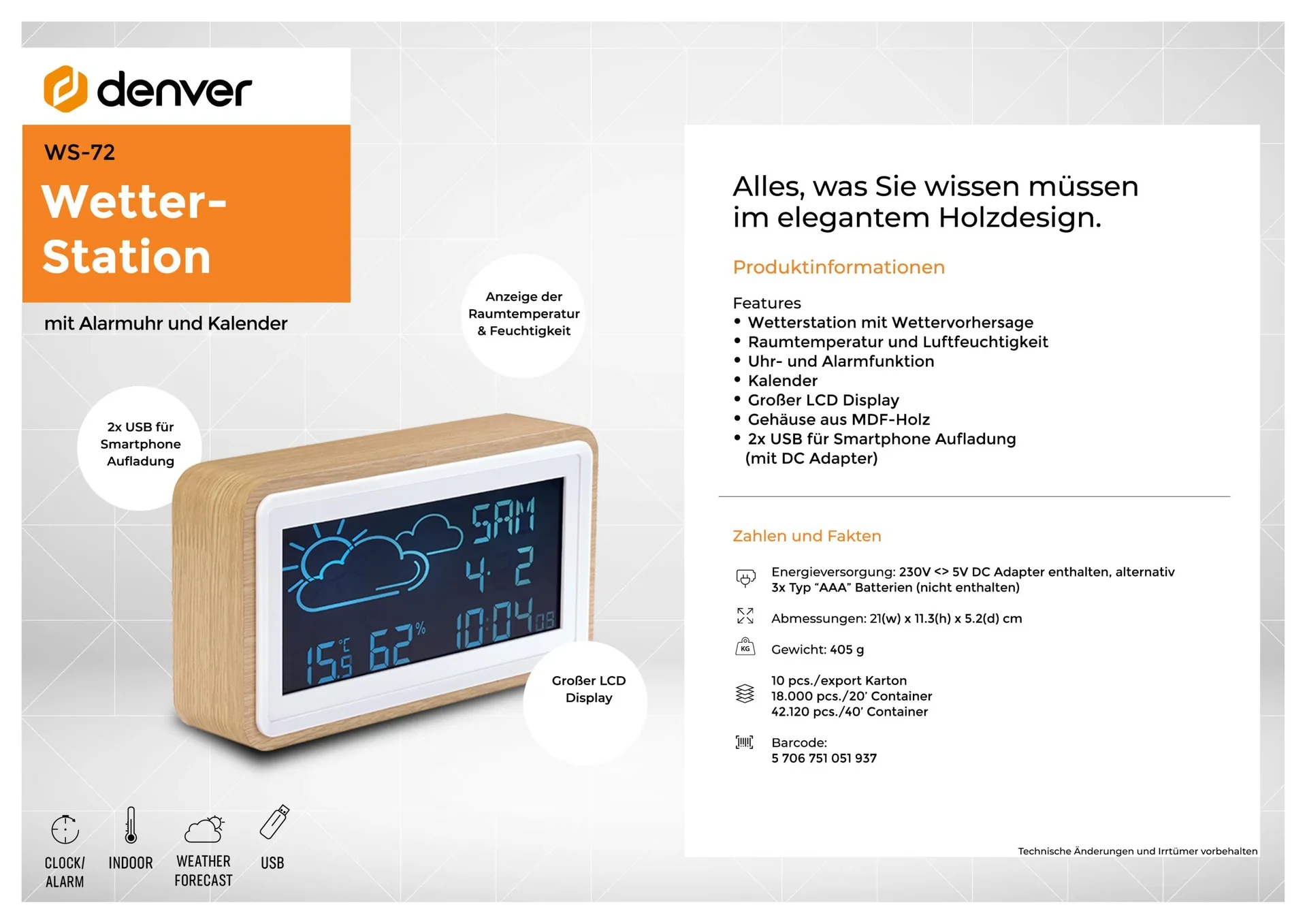 Wetterstation mit Funkuhr, Wecker und 2 USB Ladebuchsen - 1