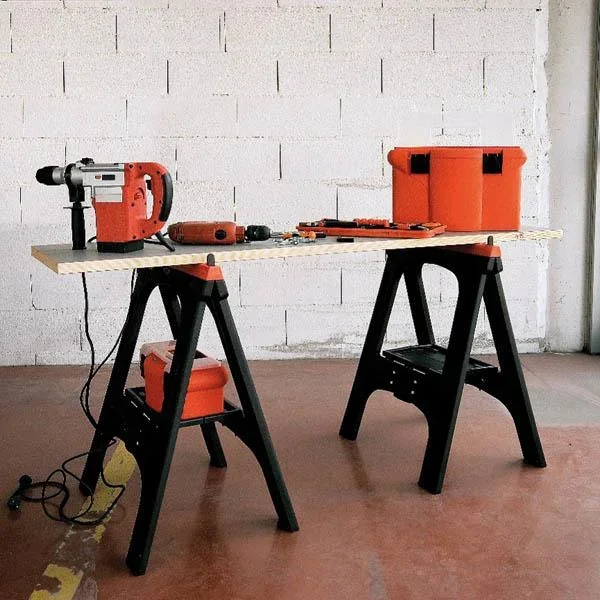 Kunststoff Allzweckbock 2er Set, Tragkraft je Bock 200 kg, orange mit perforierter Ablageplatte - 0