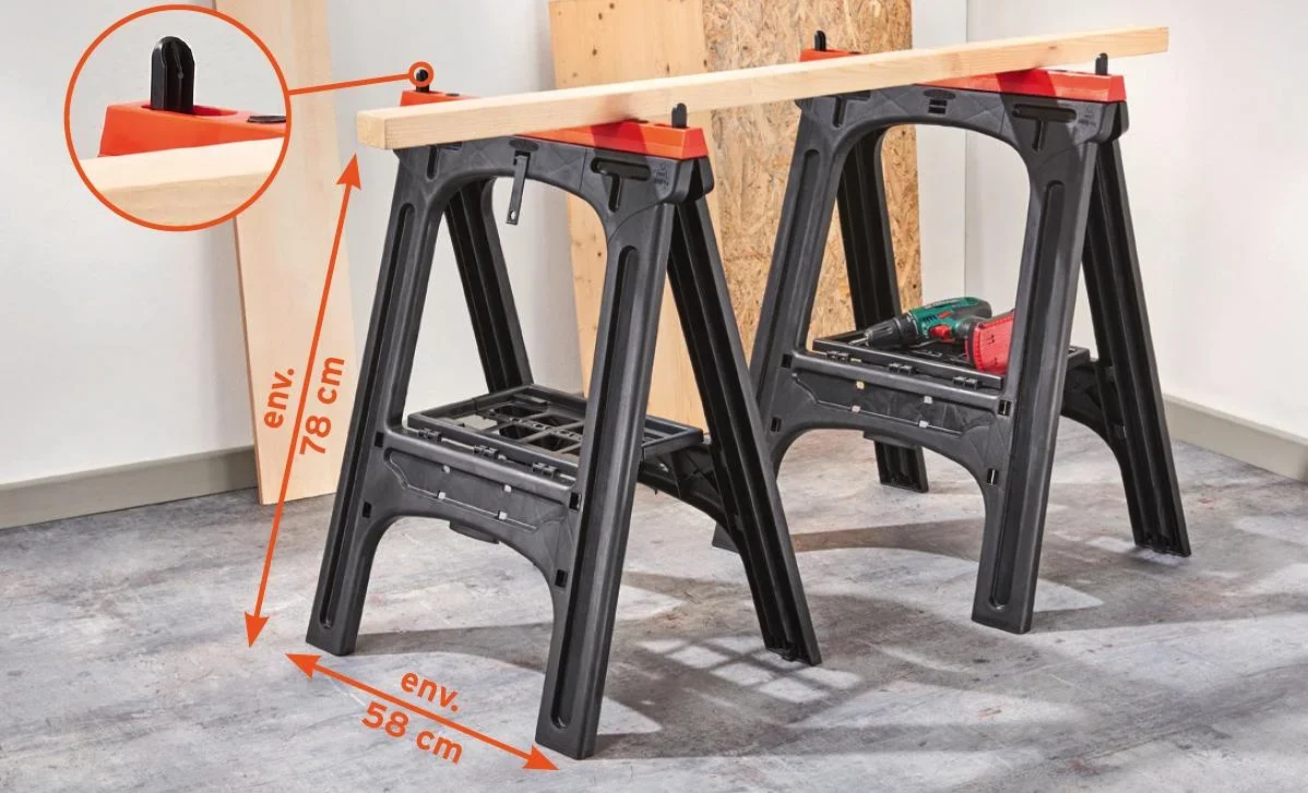Kunststoff Allzweckbock 2er Set, Tragkraft je Bock 200 kg, orange mit perforierter Ablageplatte - 3